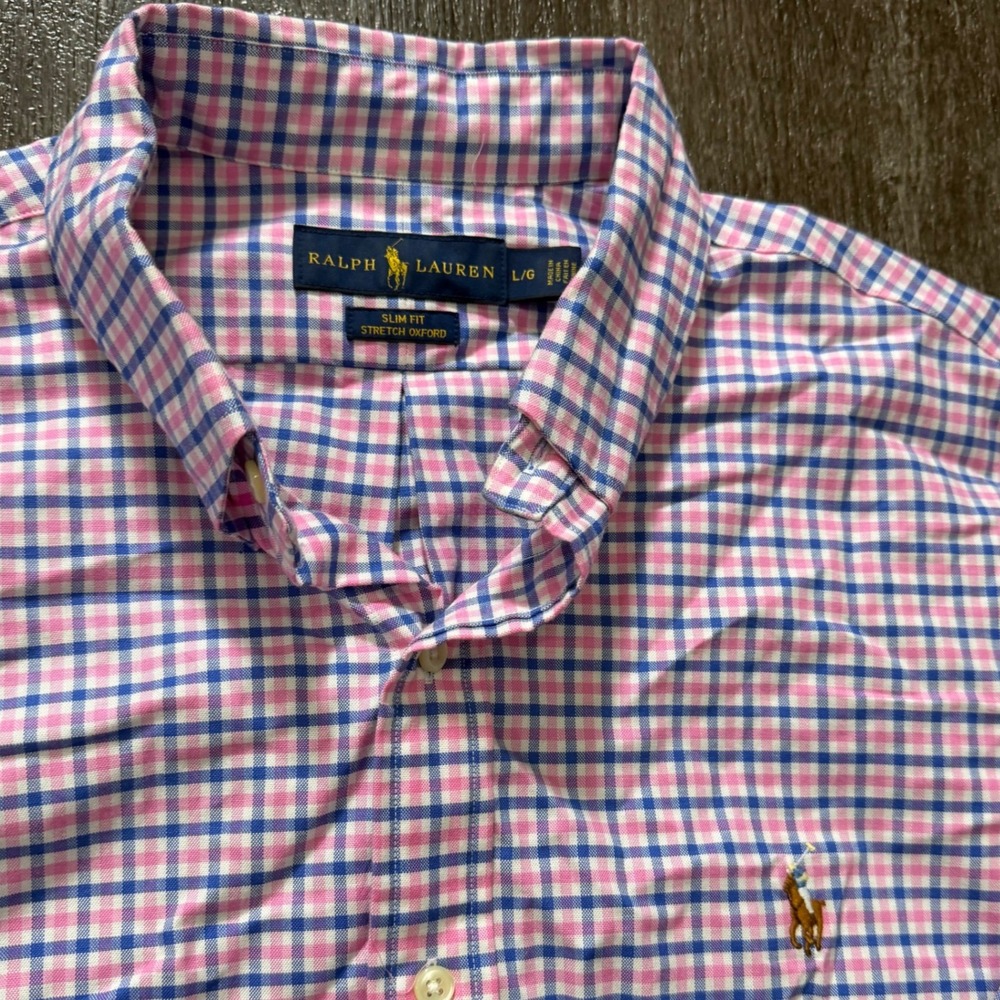 Ralph Lauren Slim Fit Stretch Oxford Plaid Button Down Shirt Men's Large